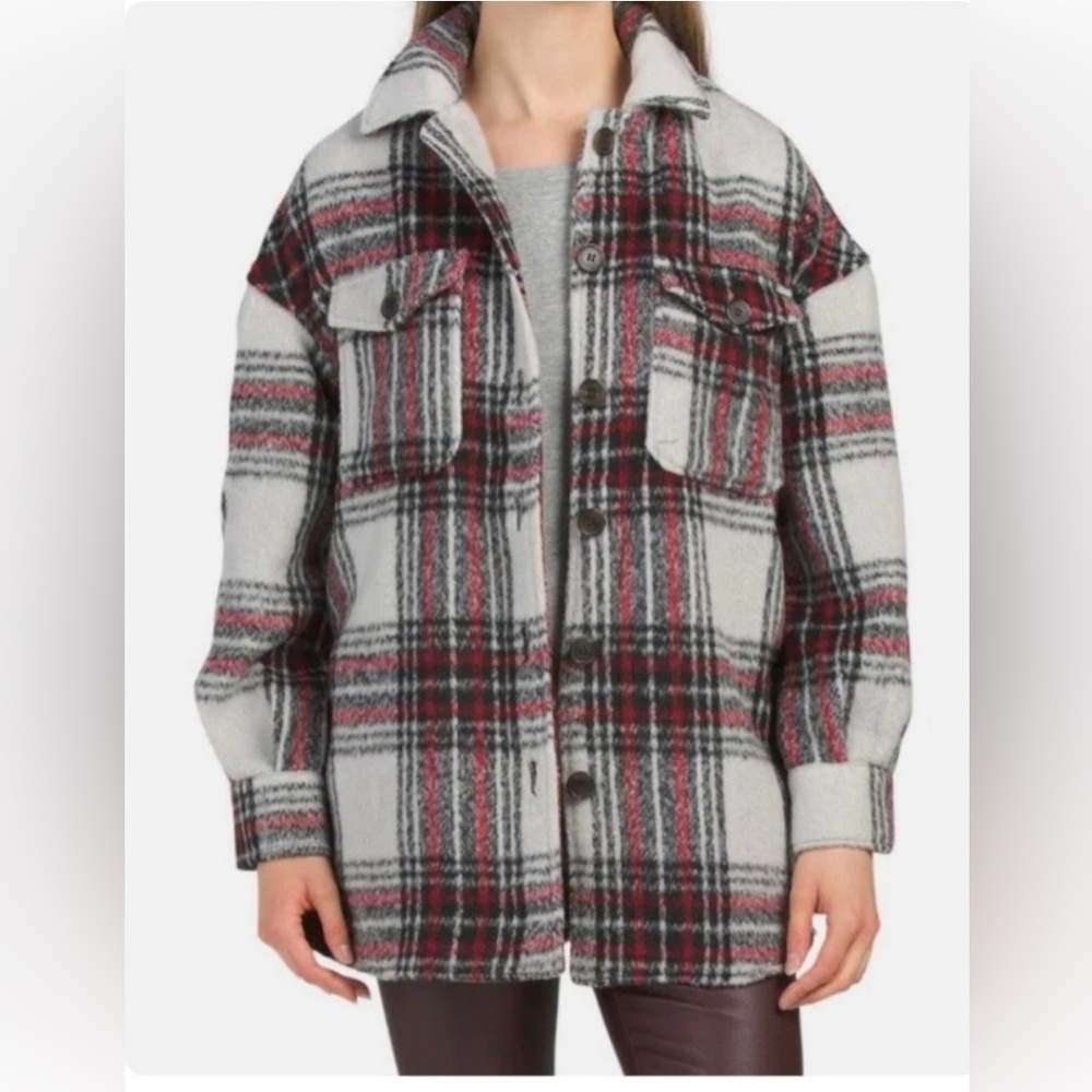 7 For All Mankind White, Red & Black Oversized Plaid Shacket